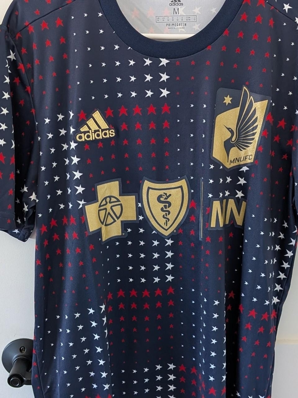 adidas Navy, Red & White Star Print Soccer Jersey with Gold Accents